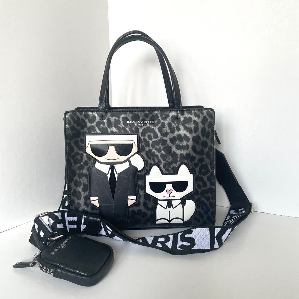 Karl Lagerfeld Maybelle Satchel Leopard Print Black Crossbody Bag